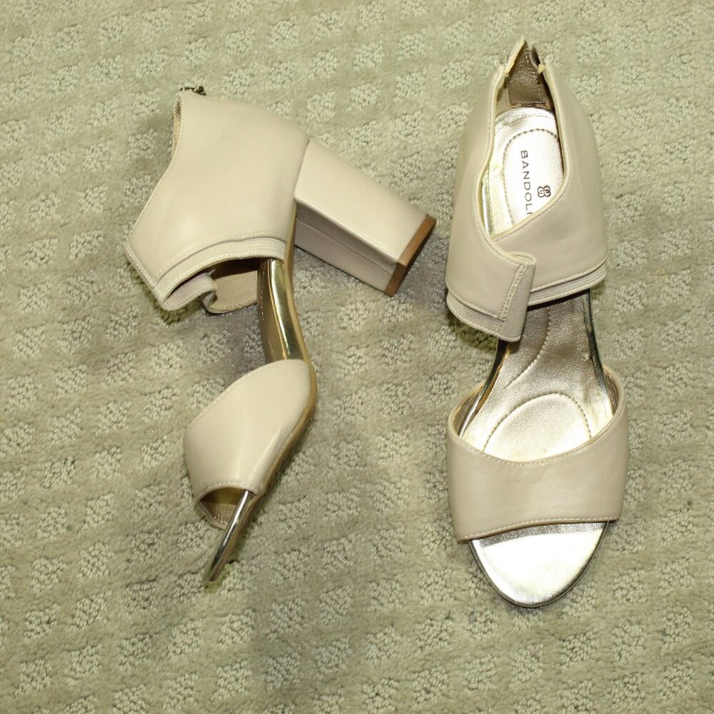 Bandolino Amity Size 6.5 Nude Elastic Ankle Strap Block Heel Open Toe 3" Heels